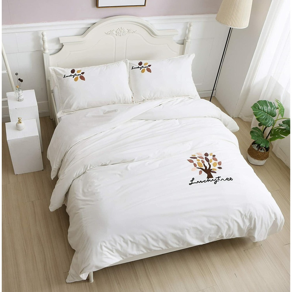 Plush Duvet Cover Set Luxury Ultra Soft Velvet Set QUEEN White EMBROIDERY LEAF